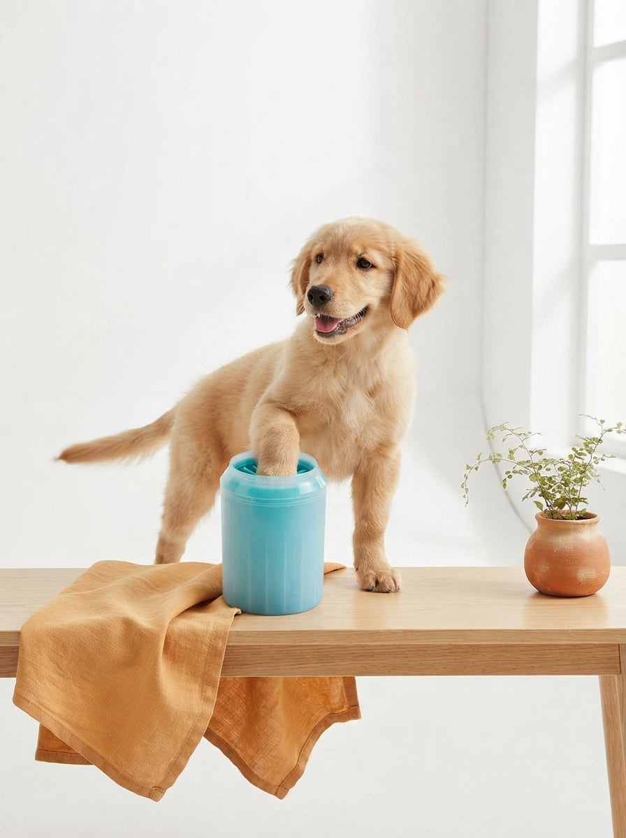 Portable silicone dog paw cleaner on a wooden surface with a dog being cleaned, set against a minimalist white background.